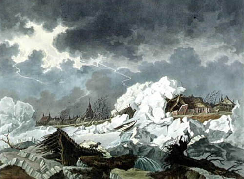 Painting of an ice dam on the river Waal ("Gezicht van de bezetting van het ijs tegen den dijk" by Cornelis de Jonker, 1799; copyright: Atlas van Stolk).