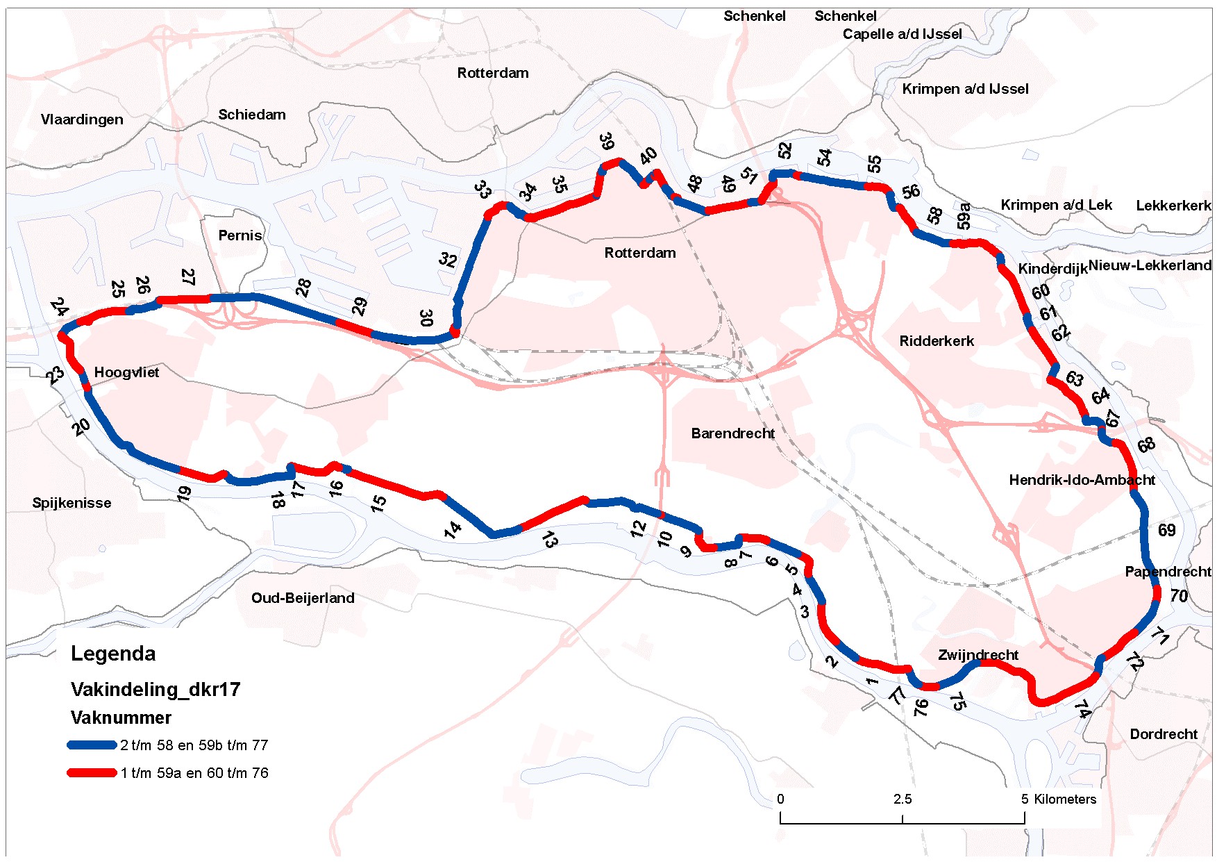 Dike sections for dike ring IJsselmonde (Source: Havinga, 2010)