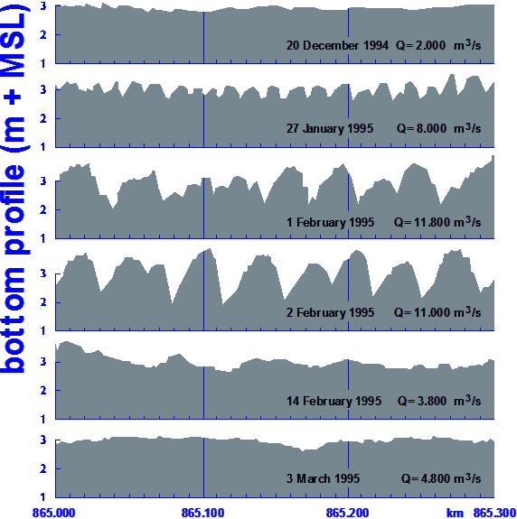 Measured elevation of river dunes during flood.