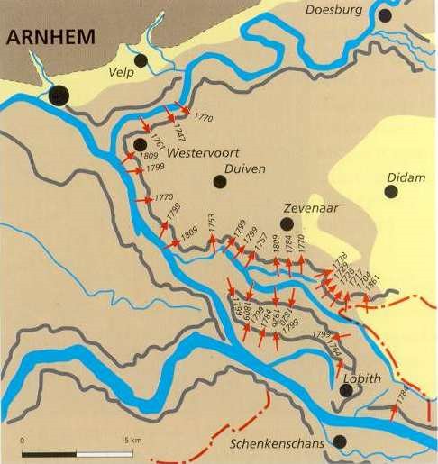 Closed dike rings and Pannerden Canal cause higher water levels in the river region and many dikes to breach in the 18th century.