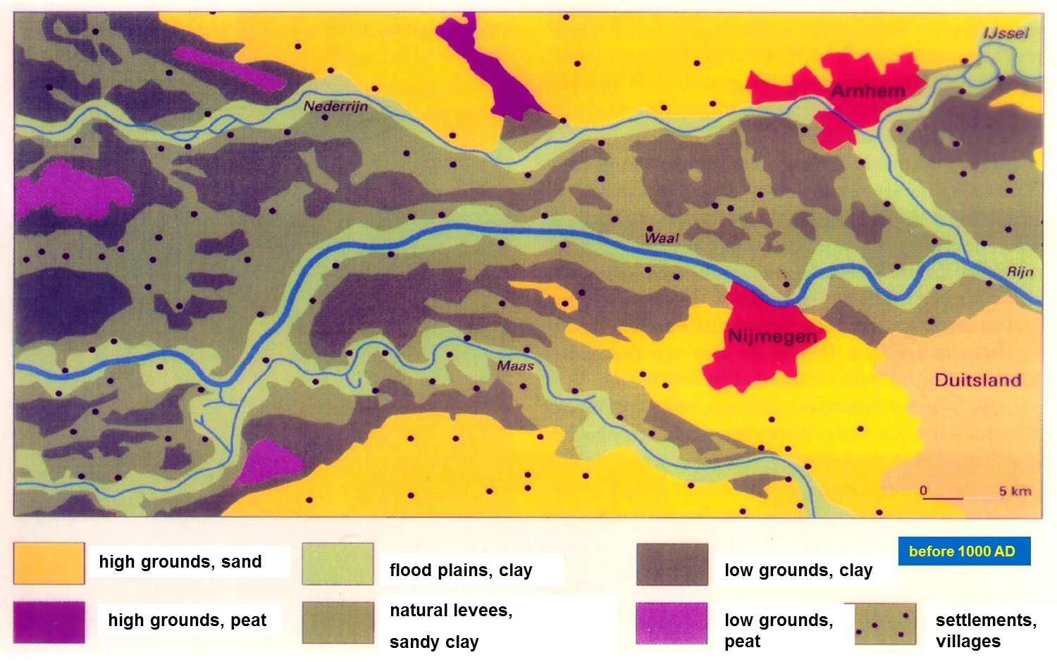 Un-diked Rhine, Waal, Meuse before 1200, only minor settlements at the natural levees.